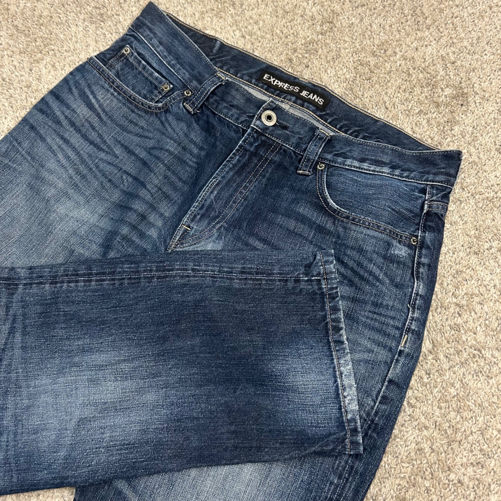 Express Jeans Blake Loose Fit Straight Leg 34x30 (Fits 34x28) Blue Dark Denim